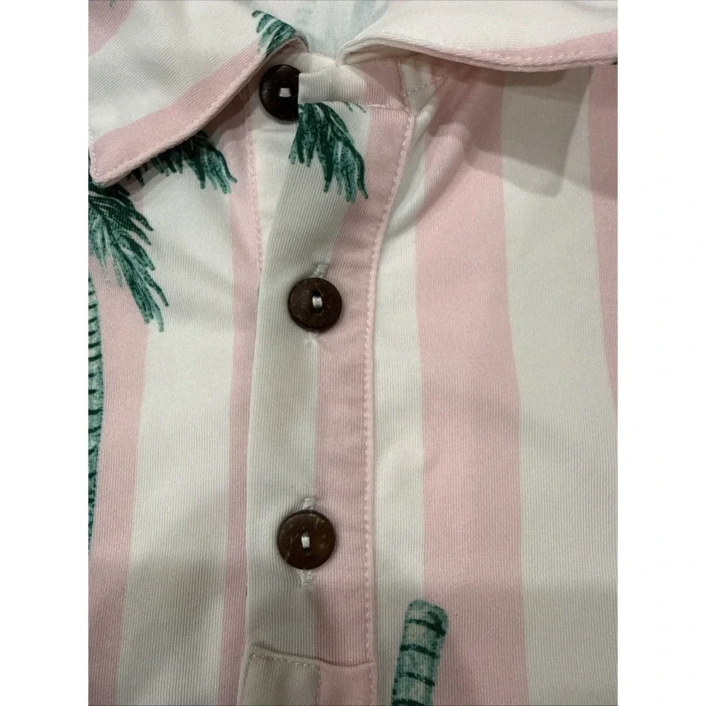 Kenny Flowers Polo Shirt Mens Sz M Pink White Palm Tree Stripe Stretch Portugal